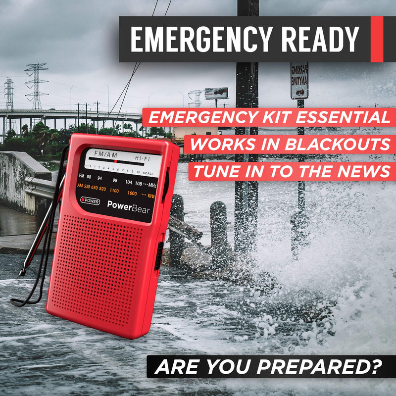 PowerBear Portable Radio | AM/FM, 2AA Battery Operated with Long Range Reception for Indoor, Outdoor & Emergency Use | Radio with Speaker & Headphone Jack (Red) Red