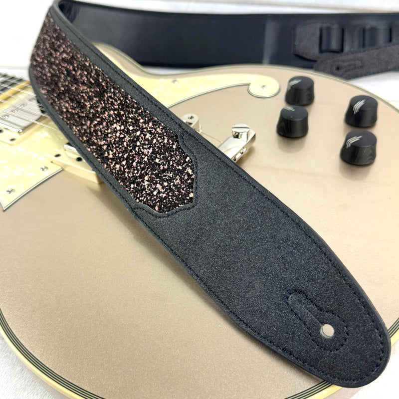 Walker & Williams WW-GL-109 Cary Black Copper Super Sparkle Glitter Bomb Padded Guitar Strap Glove Leather Back For Acoustic, Electric, And Bass Guitars