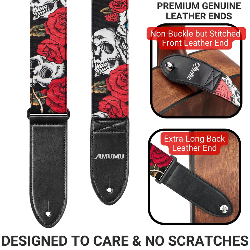Amumu Guitar Strap – 2" Rose SKull Pattern for Acoustic, Electric and Bass Guitars, Adjustable 36'' - 63"