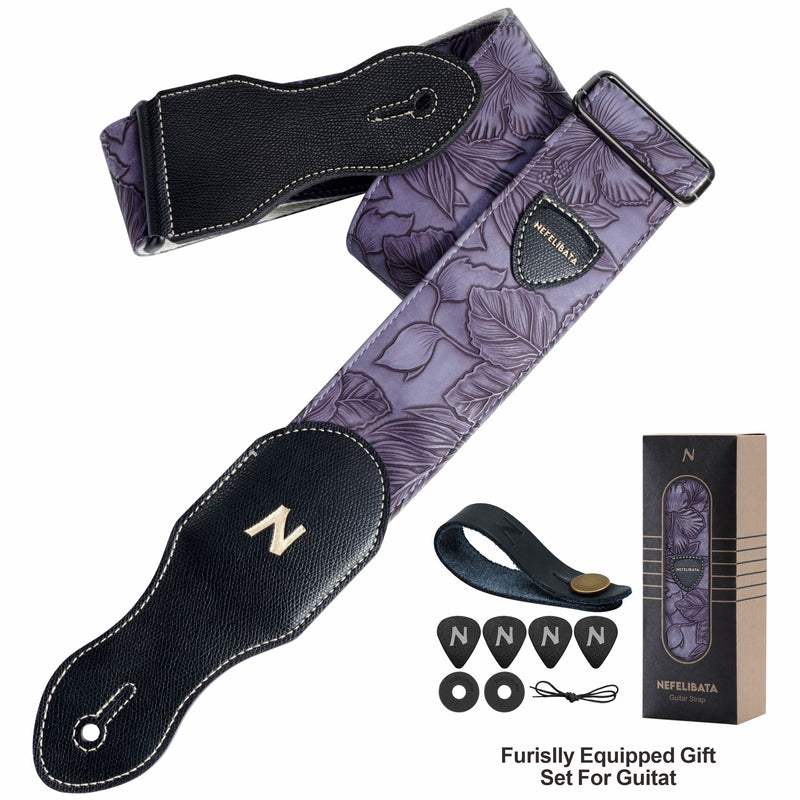 Nefelibata Guitar Strap with Pick Pocket,2.3 inch Porter Style Vegan Leather Carving Guitar Straps,60s Vintage Style (Purple) A# - Purple