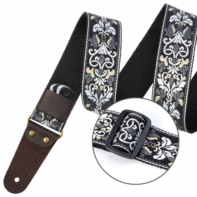 Nefelibata Guitar Strap, 2" Jacquard Embroidery Guitar Straps, Full Grain Leather Ends with Hidden Pocket, for Bass, Electric and Acoustic Guitars, Free Buckle, Strap Lock and Guitar Picks