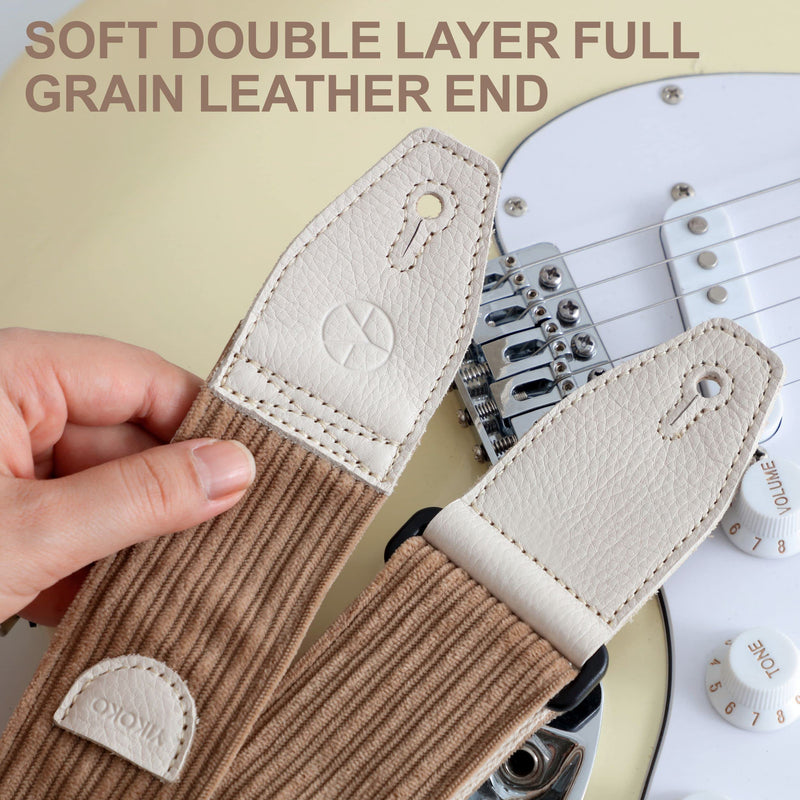 [AUSTRALIA] - Guitar Strap 2 inch Corduroy Guitar Straps with Full Grain Leather End, for Bass Electric and Acoustic Guitars, Free Strap Button, 2 Strap Locks and 4 Guitar Picks Corduroy Series Light Camel 