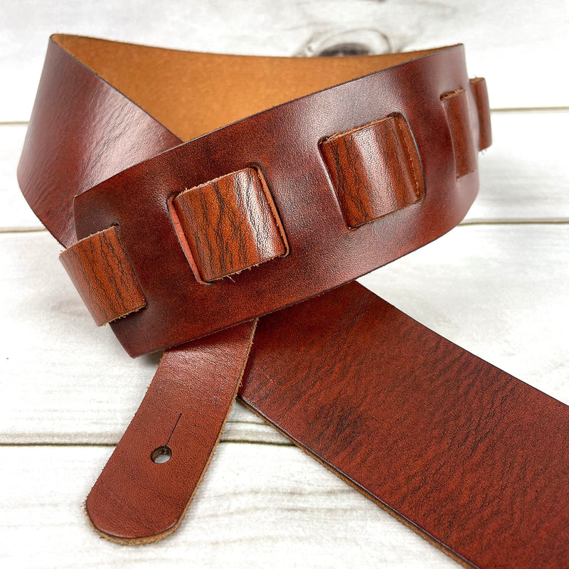 Walker & Williams S-02 Heavy Textured Whiskey Brown Full Grain Extra Thick Soft Italian Leather Rugged Finish Guitar Strap For Acoustic, Electric, And Bass Guitars