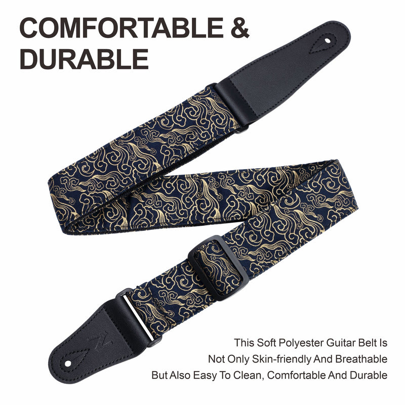 Nefelibata Guitar Strap Japan Printed Cotton Original Design Adjustable Guitar Strap with Long Leather Ends,Include Strap Button,Guitar Picks and Strap Locks(Auspicious Cloud) Auspicious Cloud