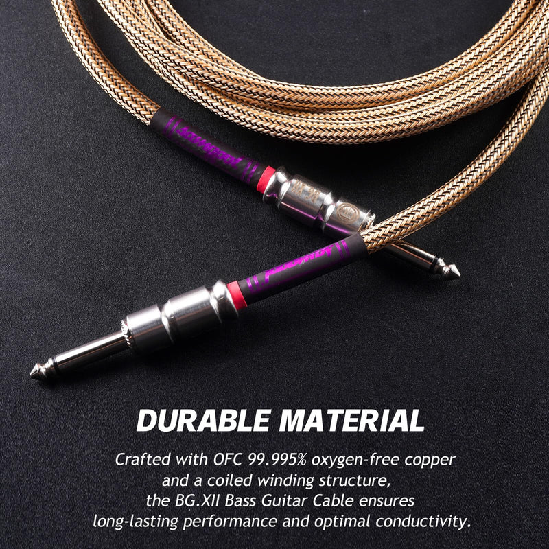 [AUSTRALIA] - 20ft Guitar Cable, 1/4 Inch Straight/Straight Instrument Cable, Electric Cord Guitar Amp Cord for Bass Amp and Instruments (XII Champagne & Black Braided) 