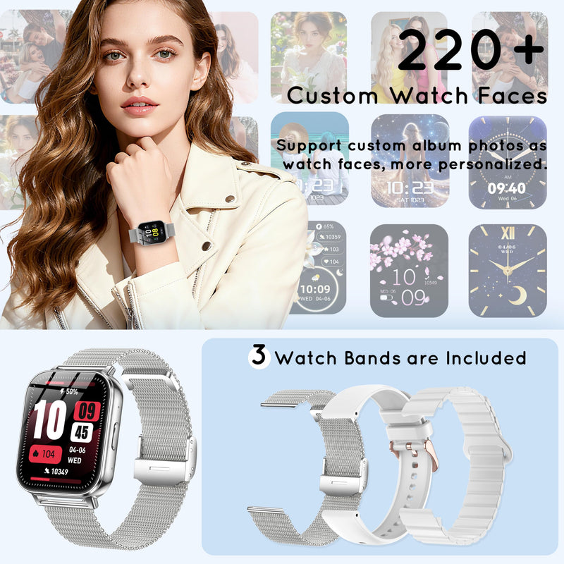 Smart Watch for Women Men 30 Day+ Battery Life 1.85" Fitness Tracker-Silver | Compatible iPhone & Android with Bluetooth Calling/Heart Rate/SpO2 Monitor, 120+ Sports Modes, 1000mAh 3 Bands Silver 44 MM
