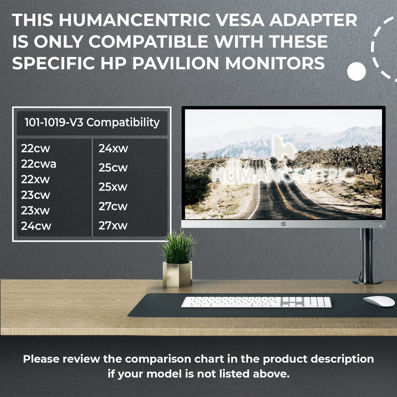 HumanCentric VESA Mount Adapter for HP Pavilion 27xw, 25xw, 24xw, 23xw, 22xw, 22cwa, 27cw, 25cw, 24cw, 23cw, and 22cw Monitors