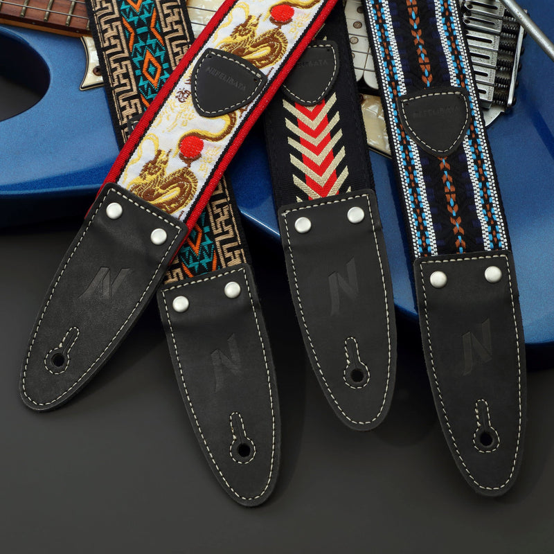 Nefelibata Guitar Strap, 2" Jacquard Embroidered Cotton Guitar Strap with Double-Length Leather Ends with Guitar Pick Pocket for Bass, Electric and Acoustic Guitars(Vintage Arrowhead Red) Vintage Arrowhead Red