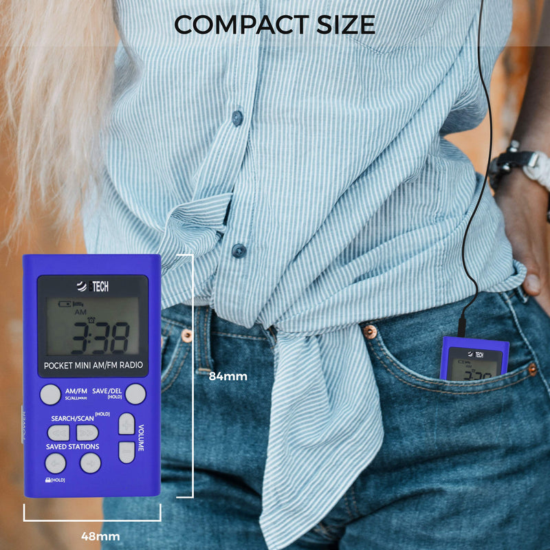BTECH MPR-AF1 AM FM Personal Radio with Two Types of Stereo Headphones, Clock, Great Reception and Long Battery Life, Mini Pocket Walkman Radio with Headphones (Blue) MPR-AF1 Radio Blue