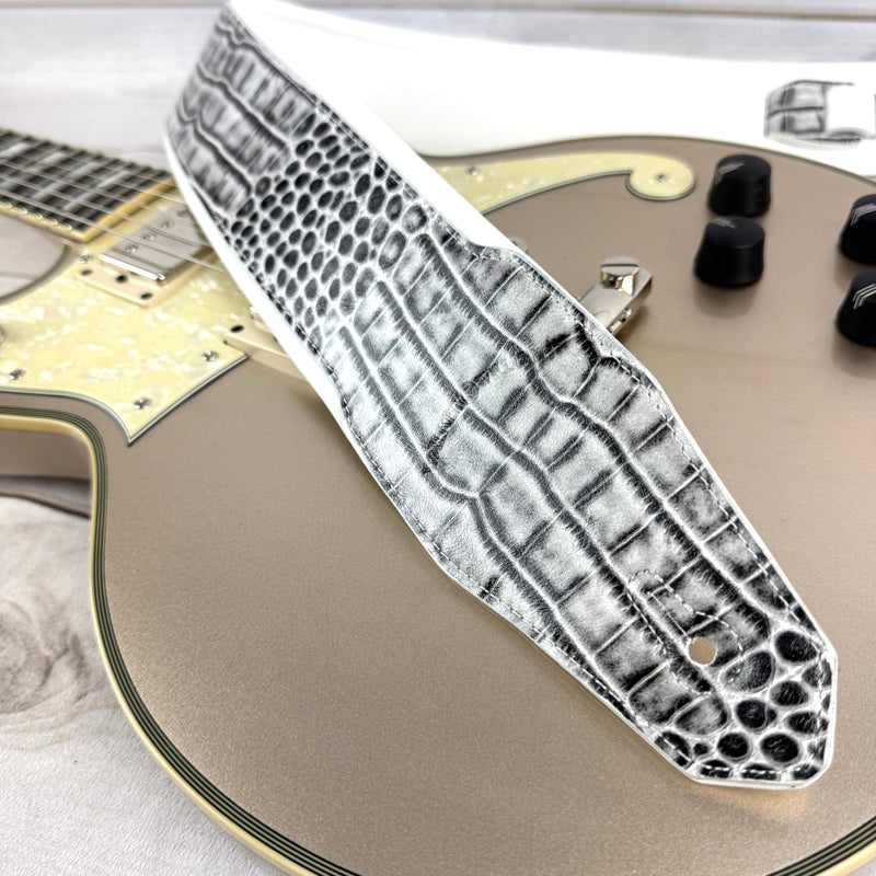 Walker & Williams F-23 Black Water Alligator Strap 3" Wide With Arctic White Padded Glove Leather Back For Acoustic, Electric, And Bass Guitars