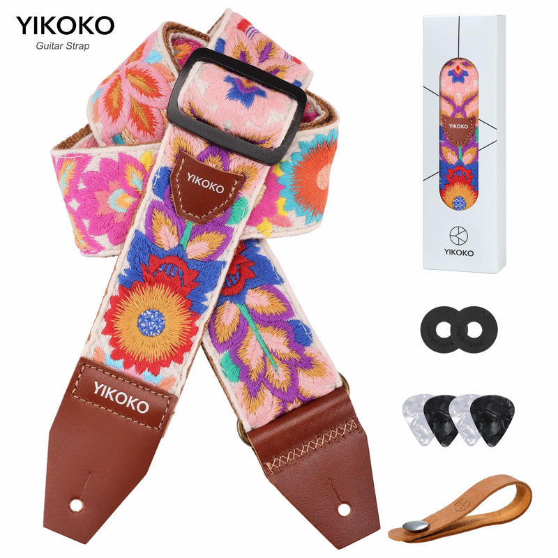 Guitar Strap，2 inch Flower Knit Cotton Guitar Straps with Full Grain Leather End, for Bass Electric and Acoustic Guitars, Free Strap Button, 2 Strap Locks and 4 Guitar Picks Colorful Flower 03