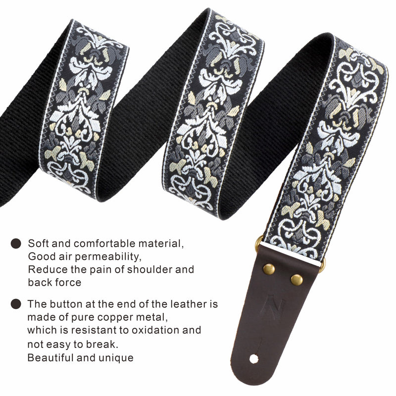 Nefelibata Guitar Strap, 2" Jacquard Embroidery Guitar Straps, Full Grain Leather Ends with Hidden Pocket, for Bass, Electric and Acoustic Guitars, Free Buckle, Strap Lock and Guitar Picks