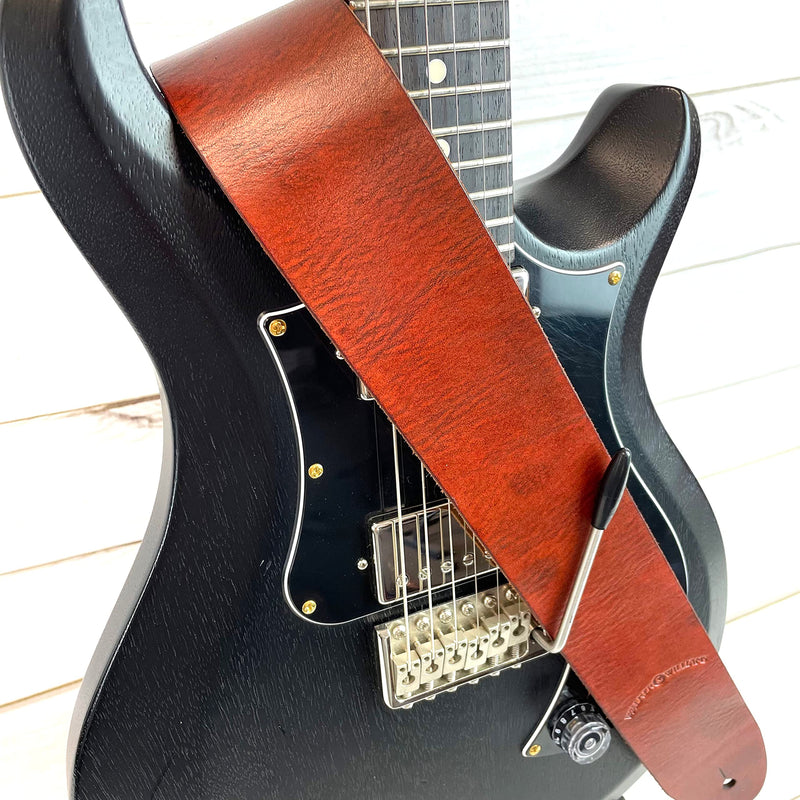 Walker & Williams S-02 Heavy Textured Whiskey Brown Full Grain Extra Thick Soft Italian Leather Rugged Finish Guitar Strap For Acoustic, Electric, And Bass Guitars