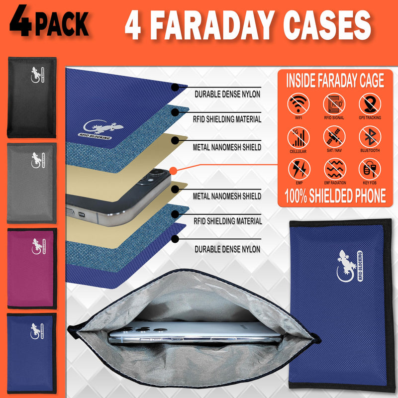 Faraday Bag Anti-Tracking GPS RFID Car Key Signal Blocker Wallet Shielding Pouch Protective Case for Cell Phone Car Key FOB, Data Privacy, Electronic Device Security (4 PACK - FAMILY PACK) 4 PACK - FAMILY PACK