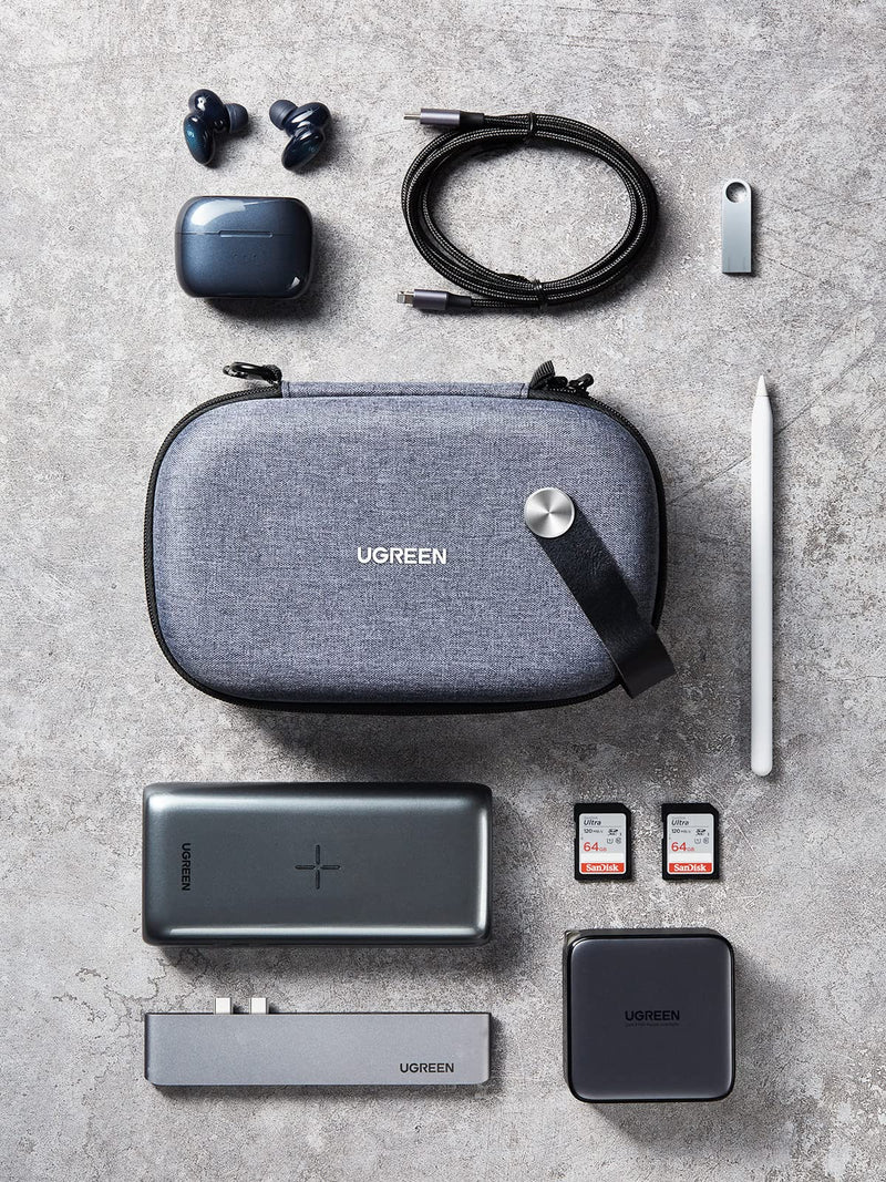 UGREEN Travel Case Tech Gadget Electronic Organizer Cable Pouch Small Hard Case Storage Carry Bag Portable for Hard Drive, Charger Cable, USB Cord, Phone, Power Adapter, Earphone, SD Card, Grey