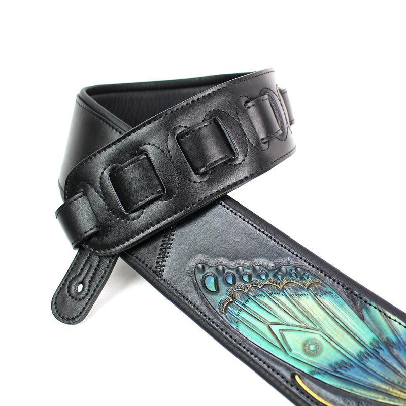Walker And Williams KB-57 Handmade Large Vivid Blue Butterfly Padded Guitar Strap Hand Carved On Premium Black Carving Leather For Acoustic, Electric, And Bass Guitars
