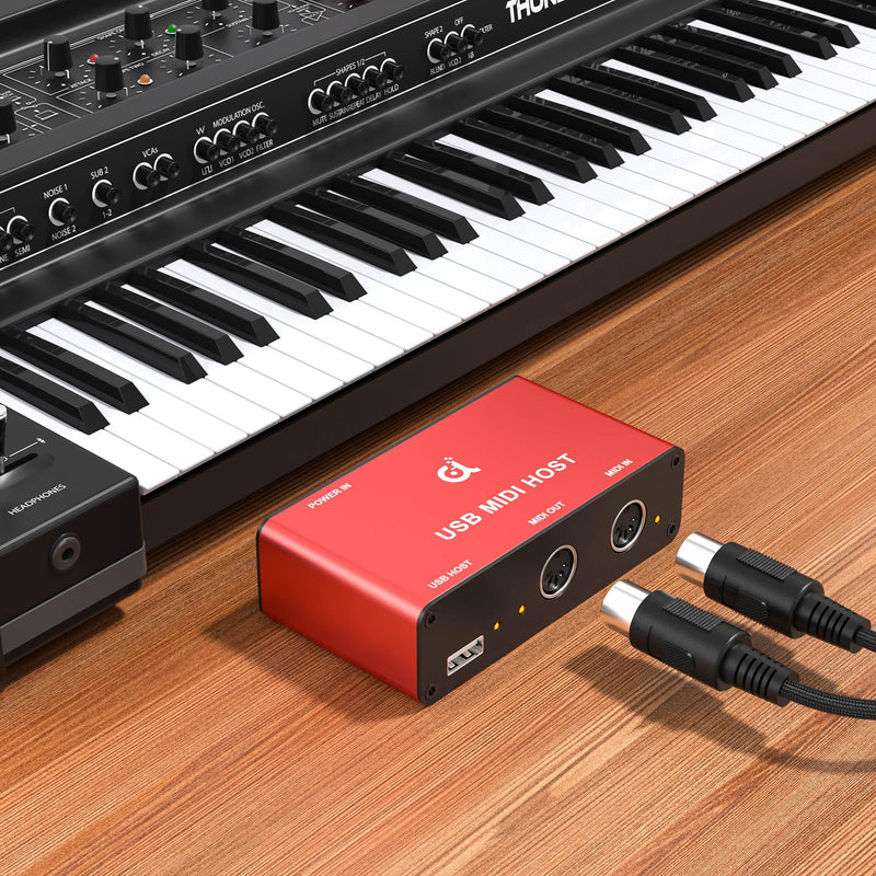 DigitalLife Stand-Alone USB MIDI Host Bridge Box - 1-In/1-Out 5-PIN DIN MIDI Interfaces, LED Indicator, Metal, Red (No computer needed) MIDI-Host (Red)