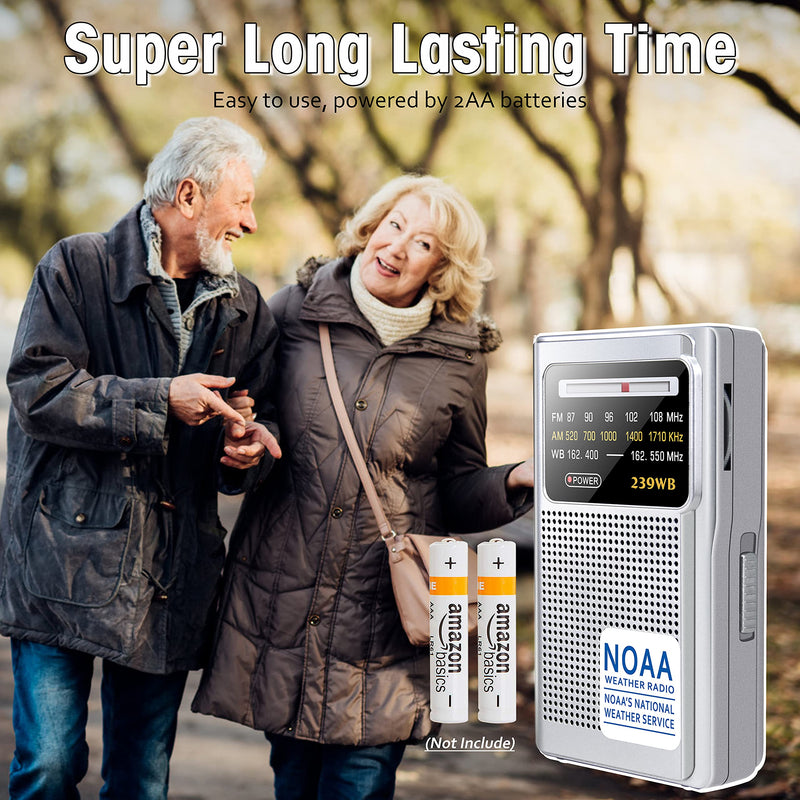 Greadio NOAA Weather Radio, AM/FM Battery Operated Transistor Portable Radio with Best Reception,Stereo Earphone Jack,Powered by 2 AA Battery for Emergency,Hurricane,Running, Walking,Home (Silver) Silver