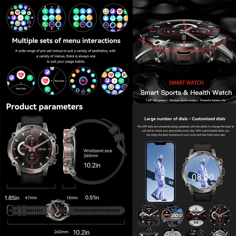 ZPIMY 1.43" AMOLED Smart Watch for Men (Make/Answer Call), Mens Smartwatches, Hands-Free Calling, Fitness Tracker Smartwatch for Android iPhones, Digital Watches Step Counter, 3 Straps (Silver) Silver