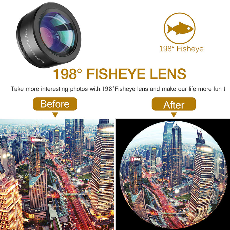 Upgraded 3 in 1 Phone Camera Lens kit-198° Fisheye Lens + Macro Lens + 120° Wide Angle Lens,Clip on Cell Phone Lens Kit Compatible with iPhone Samsung Android Smartphones