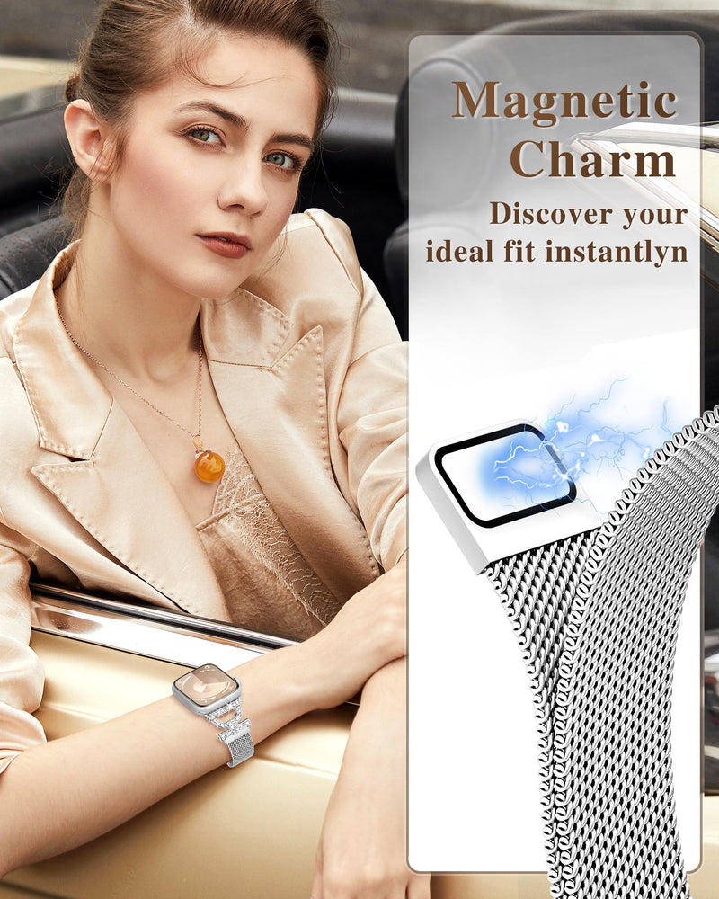 Magnetic Band Compatible with Apple Watch Bands for Women 42mm 44mm 45mm 49mm, Diamond Milanese Stainless Steel D-shaped Apple Watch Band for iWatch Bands Series 9/8/7/6/5/4/SE Ultra/Ultra 2