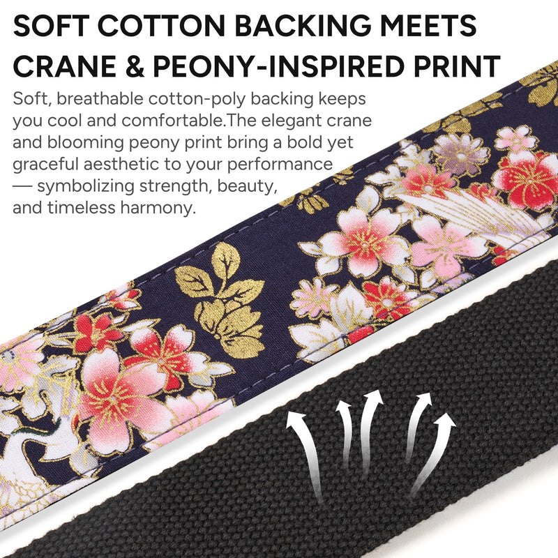 Amumu Guitar Strap – 2" Peony & Crane Pattern, Microfiber Leather Ends, for Acoustic, Electric, Bass Guitars, Adjustable 36" - 63" Peony Crane