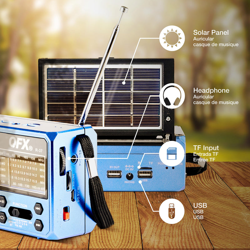 QFX R-37-BL 6-Band (AM, FM, SW1 - SW4) Bluetooth LED Flashlight Solar Radio (2021 Model)