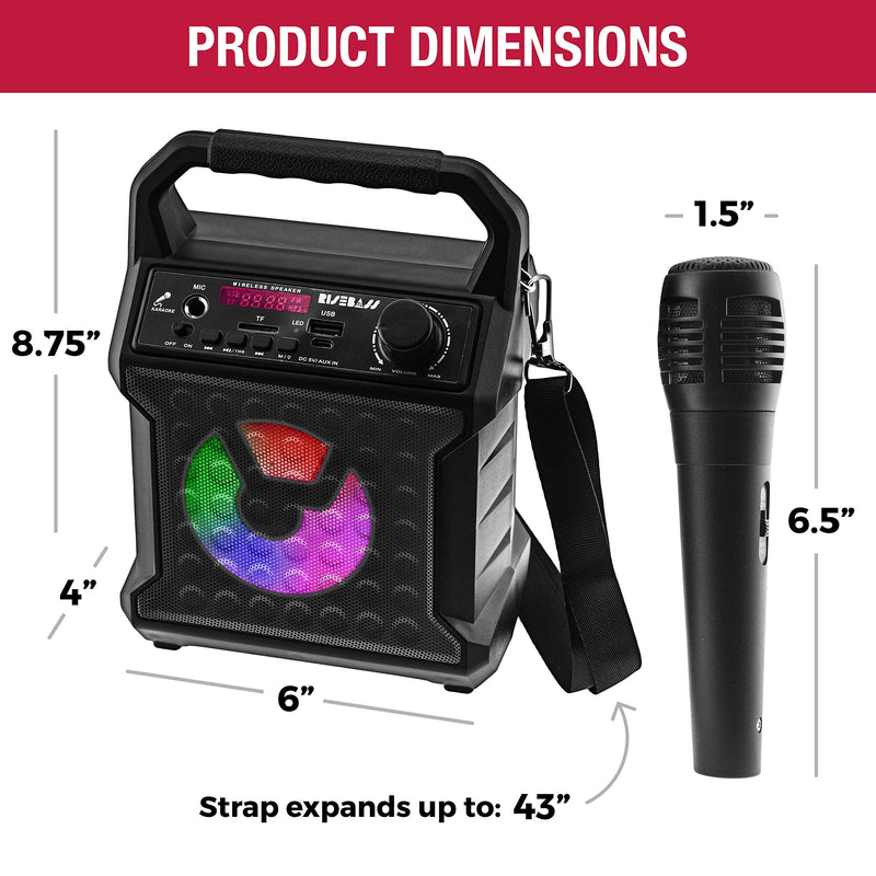 Risebass Portable Party Speaker with Microphone - Graduation Gifts - Bluetooth Outdoor Speaker with Sing Along Karaoke - Small and Loud with Bluetooth SD AUX and USB Outdoor and Indoor Black