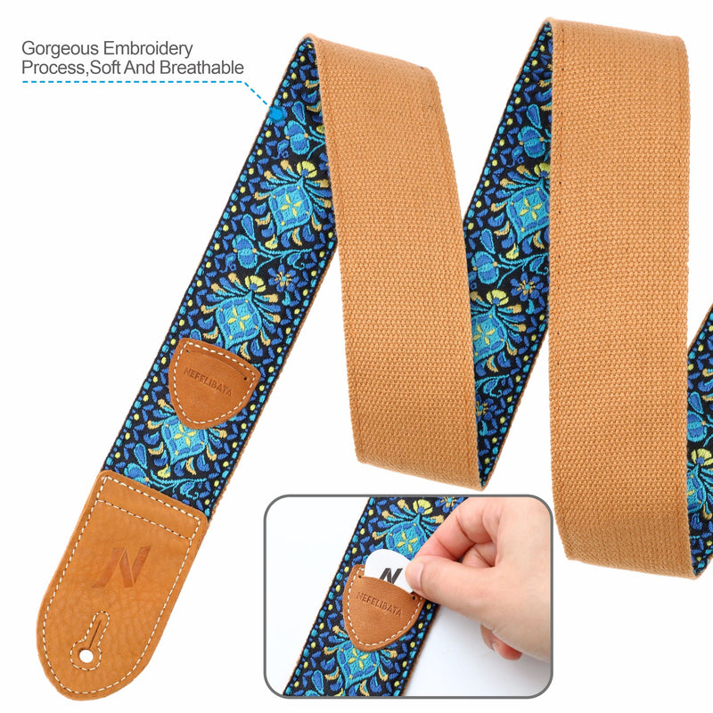 Nefelibata Guitar Strap,Double leather ends,Vintage Woven W/FREE BONUS-4 Picks+Strap Locks+Strap Button,Best Gift For Bass,Electric&Acoustic Guitars for Guitar(Vintage blue yellow embroidery) B#-vintage Blue Yellow Embroidery