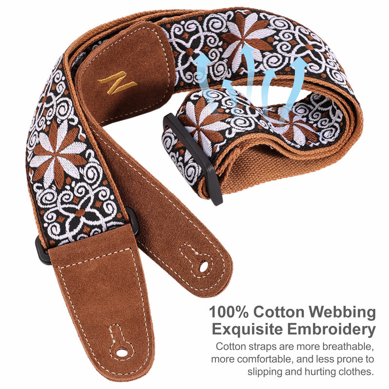 Nefelibata Guitar Strap, with Extended Soft Brown Suede Leather Ends for Bass Acoustic Electric Guitar, Free with Lock and Head Strap Yellow Flowers