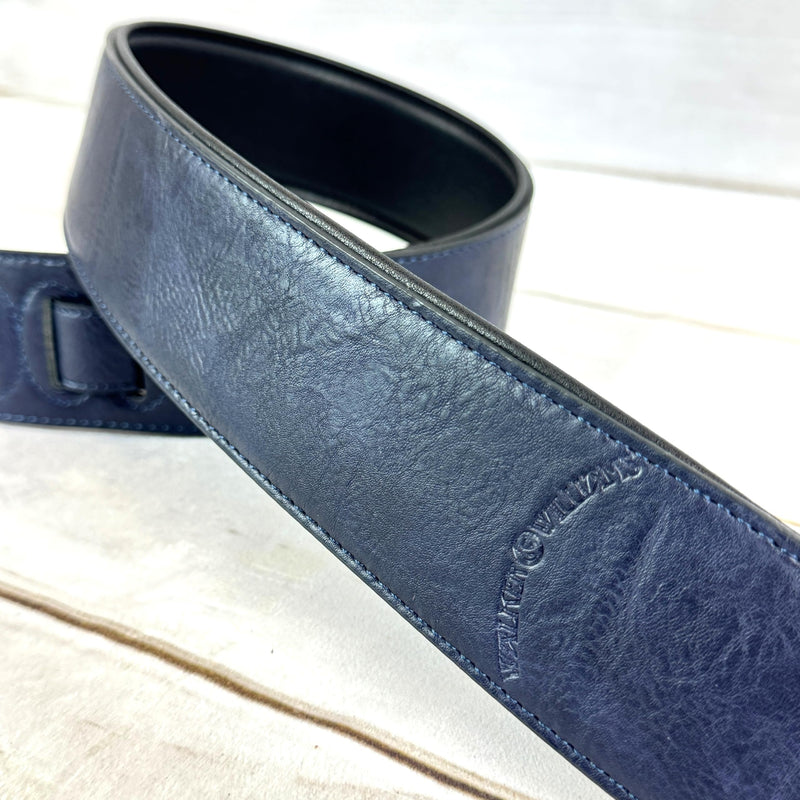 Walker & Williams G-52 Navy Blue Handmade Soft Natural Finish Guitar Strap with Padded Glove Leather Back, And Squared Nose For Acoustic, Electric, And Bass Guitars