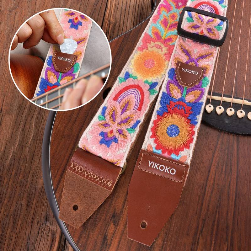 Guitar Strap，2 inch Flower Knit Cotton Guitar Straps with Full Grain Leather End, for Bass Electric and Acoustic Guitars, Free Strap Button, 2 Strap Locks and 4 Guitar Picks Colorful Flower 03