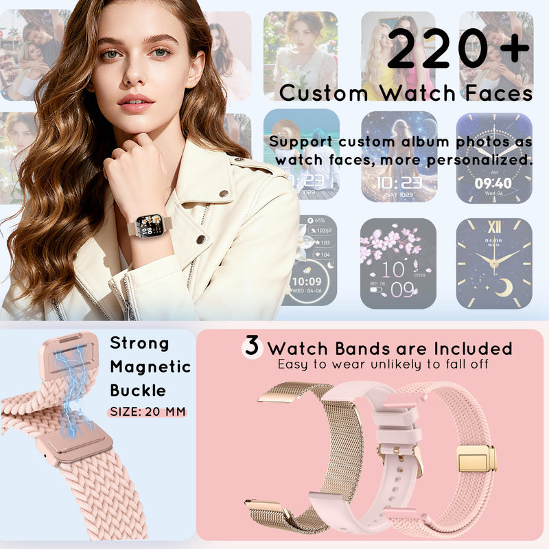 Smart Watch for Women 1000mAh with 3 Band Compatible iPhone & Android 44MM | 30+ Day Battery Life Make/Answer Call with Heart Rate/SpO2/Sleep Monitor, 120+Sport Mode Waterproof Fitness Tracker,Rose Gold Rose Gold 44 MM