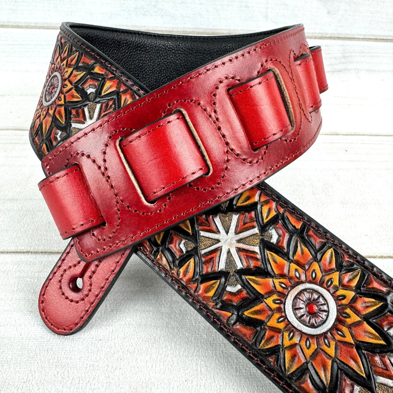 Walker & Williams LIH-3 Cherry Burst Red Hand Carved Premium Leather Guitar Strap With Black Zodiac Star Design And Premium Padded Leather Back For Acoustic, Electric, And Bass Guitars
