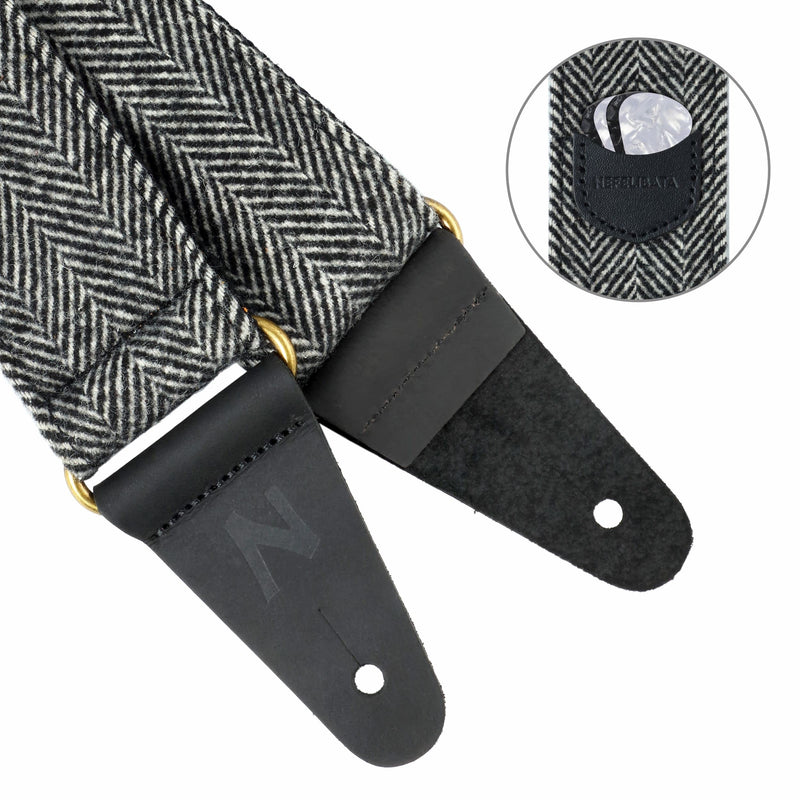 Nefelibata Guitar Strap, Soft Cashmere-containing Fabric Full Grain Leather End Guitar Straps for Bass, Electric and Acoustic Guitars, Come with Free Button, Locks and Guitar Picks Black & White Twill