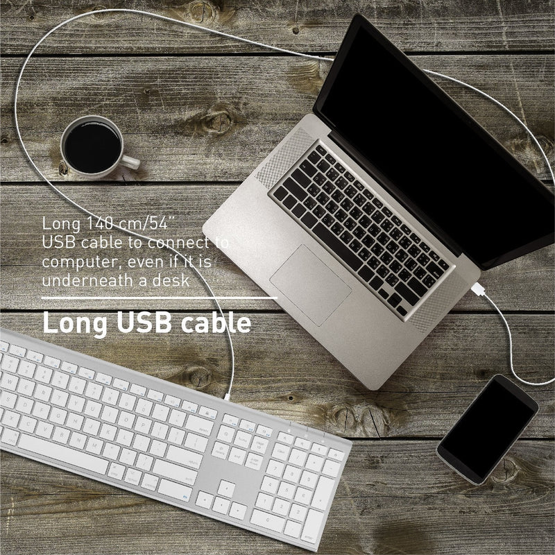Macally Ultra Slim USB Wired Computer Keyboard - Works as Windows or Mac Wired Keyboard - Full Size Keyboard with 20 Apple Shortcut Keys - Mac Keyboard with Number Pad - Silver Aluminum Finish