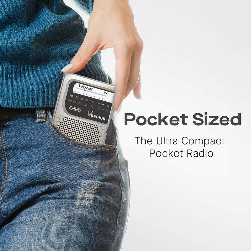 AM FM Battery Operated Portable Pocket Radio - Best Reception and Longest Lasting. AM FM Compact Transistor Radios Player Operated by 2 AA Battery, Mono Headphone Socket, by Vondior (Silver) Silver