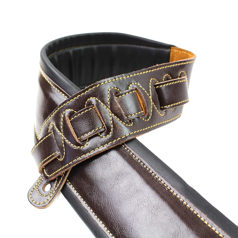 Walker & Williams C-22-BRN-XL Handmade Double Padded Premium Brown Signature Leather Guitar Strap XL For Acoustic, Electric, And Bass Guitars