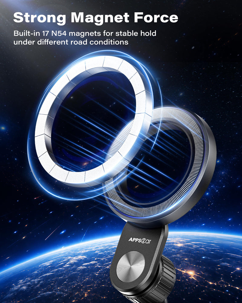 APPS2Car Magnetic Cup Holder Phone Mount, Tri-Pivot Adjustable Long Arm | 17 N54 Magnets, Fits 3"–4" Cup Holders, 17mm Ball Joint, Compatible with MagSafe iPhone, Samsung, Smartphones