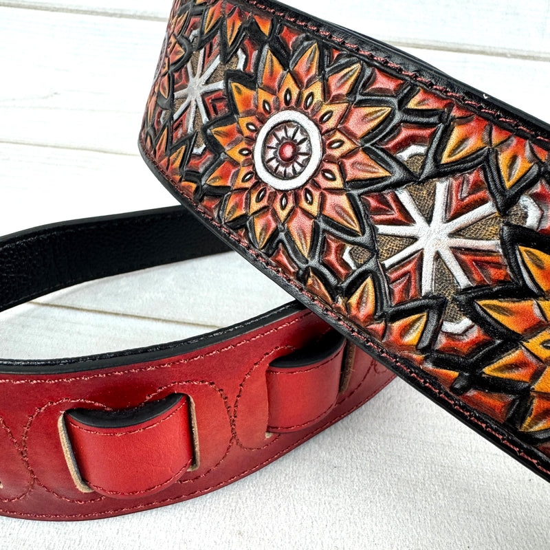 Walker & Williams LIH-3 Cherry Burst Red Hand Carved Premium Leather Guitar Strap With Black Zodiac Star Design And Premium Padded Leather Back For Acoustic, Electric, And Bass Guitars