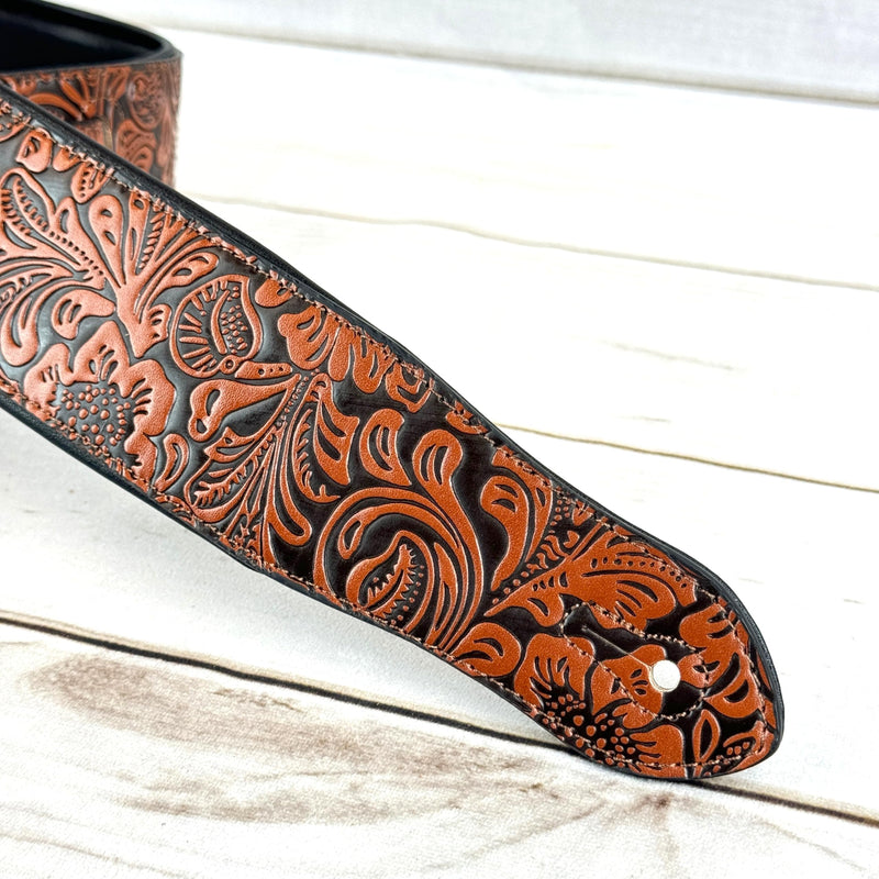 Walker & Williams G-973 Handmade Brown And Latigo Tan Western Embossed Guitar Strap with Soft Padded Back For Acoustic, Electric, And Bass Guitars