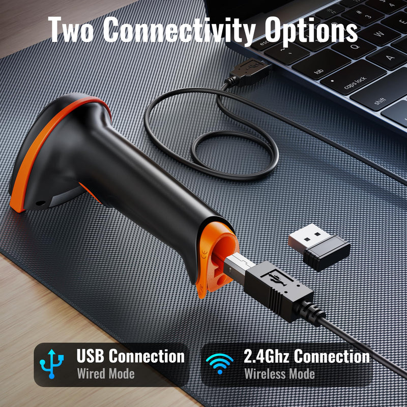Tera Barcode Scanner Wireless 1D Laser Cordless Barcode Reader with Battery Level Indicator, Versatile 2 in 1 2.4Ghz Wireless and USB 2.0 Wired 1D Orange