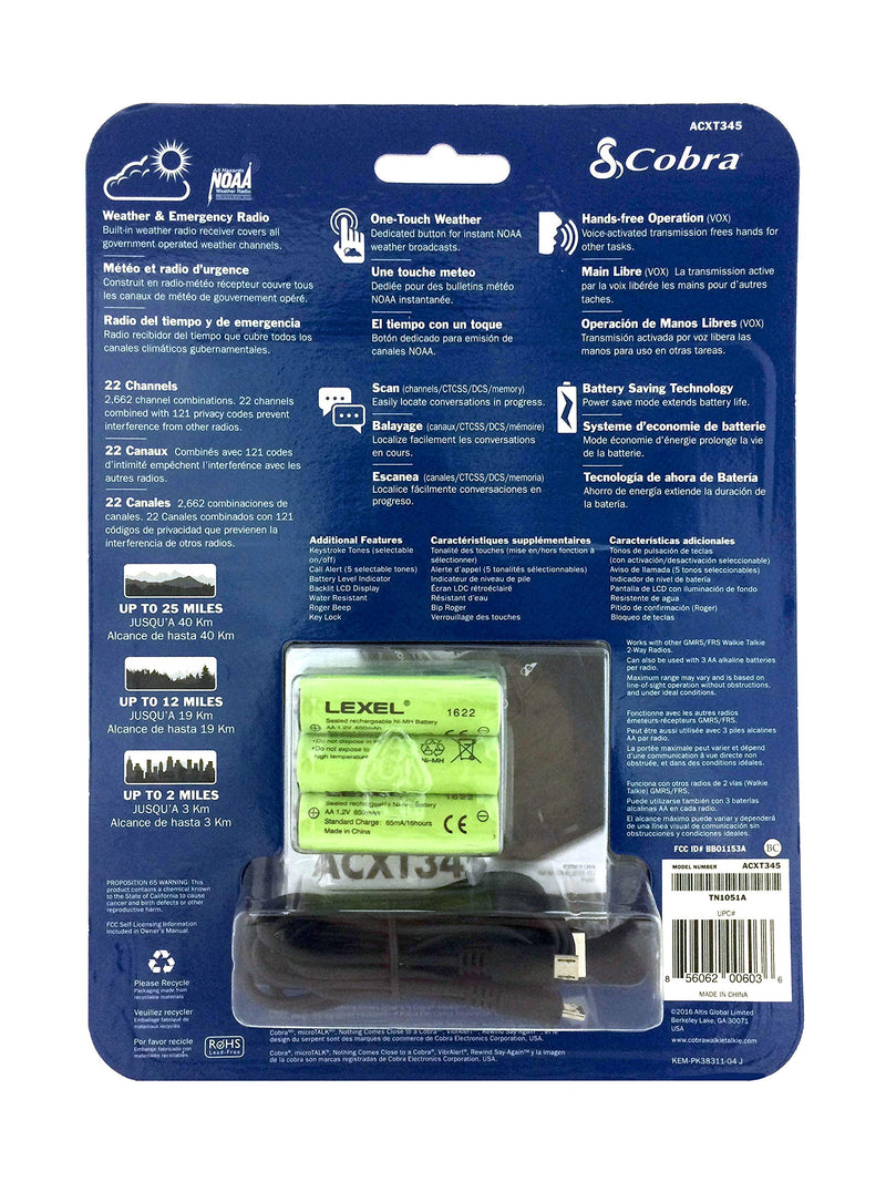 COBRA ACXT390 Walkie Talkies - Rechargeable, Long Range 23-Mile Two Way Radio Set with VOX ( 2 Pack )