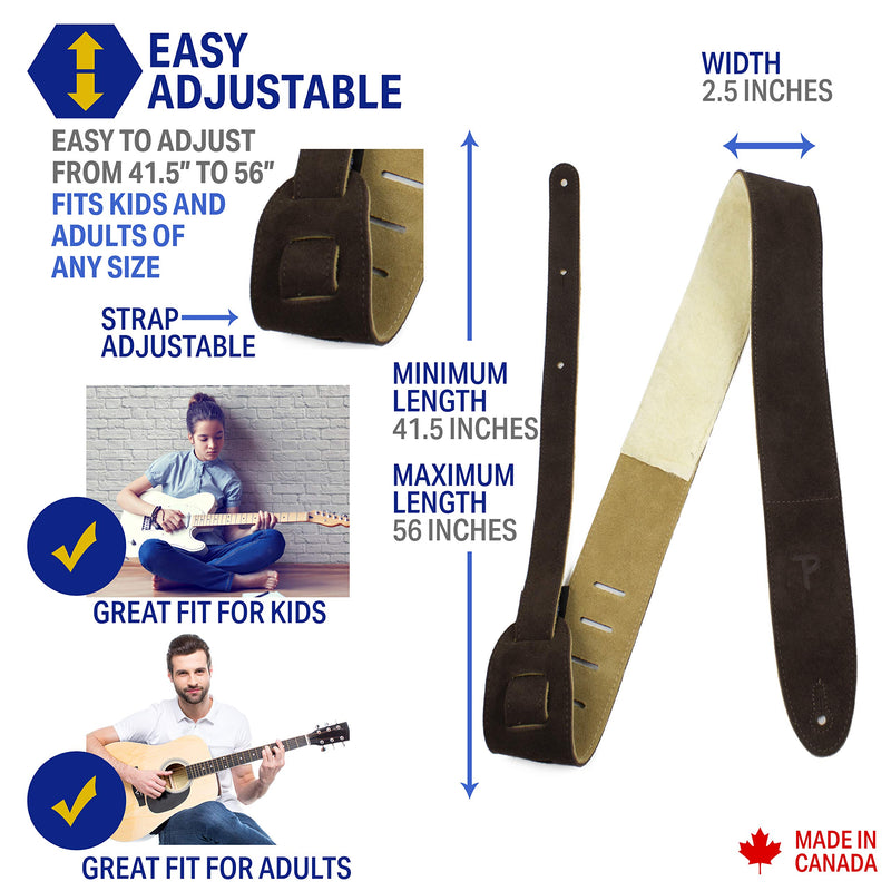 [AUSTRALIA] - Perri's Leathers Suede Guitar Strap with Sheepskin Pad, Anti-Slip, Adjustable 41"–56", Compatible with All Guitars Brown 