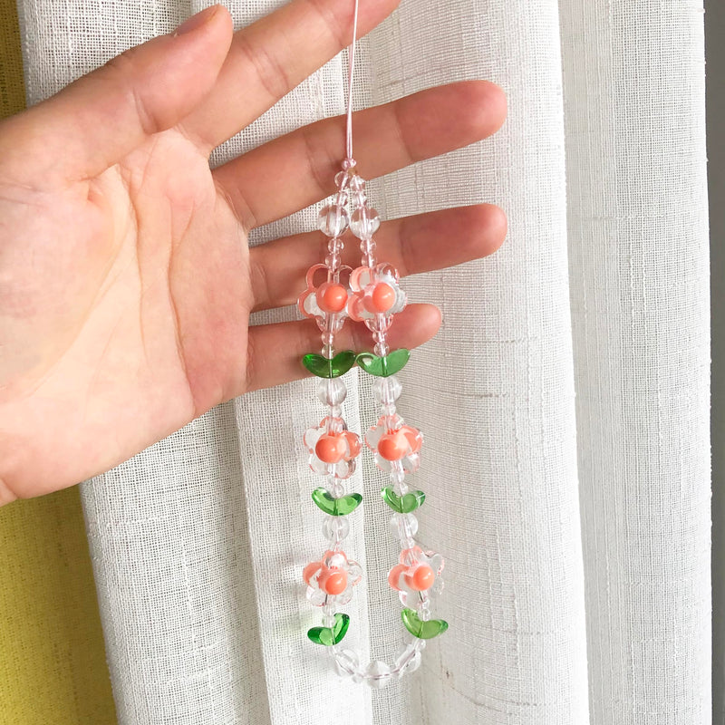 Flower Phone Charm Cute Phone Charms Strap Beaded Phone Keychain Pearl Phone Lanyard for Women Girls Style #1- Flower Orange&Pink
