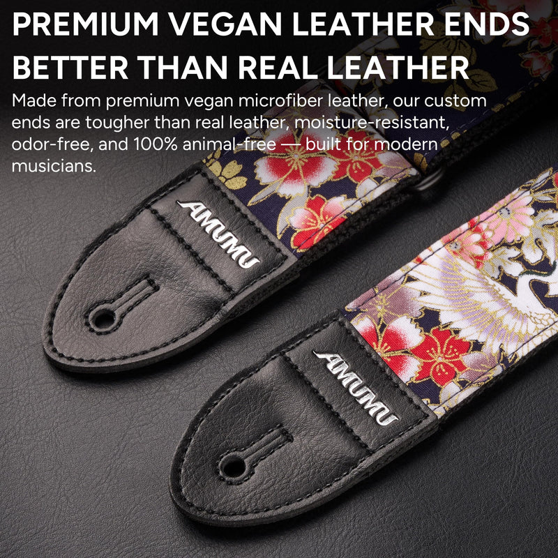 Amumu Guitar Strap – 2" Peony & Crane Pattern, Microfiber Leather Ends, for Acoustic, Electric, Bass Guitars, Adjustable 36" - 63" Peony Crane