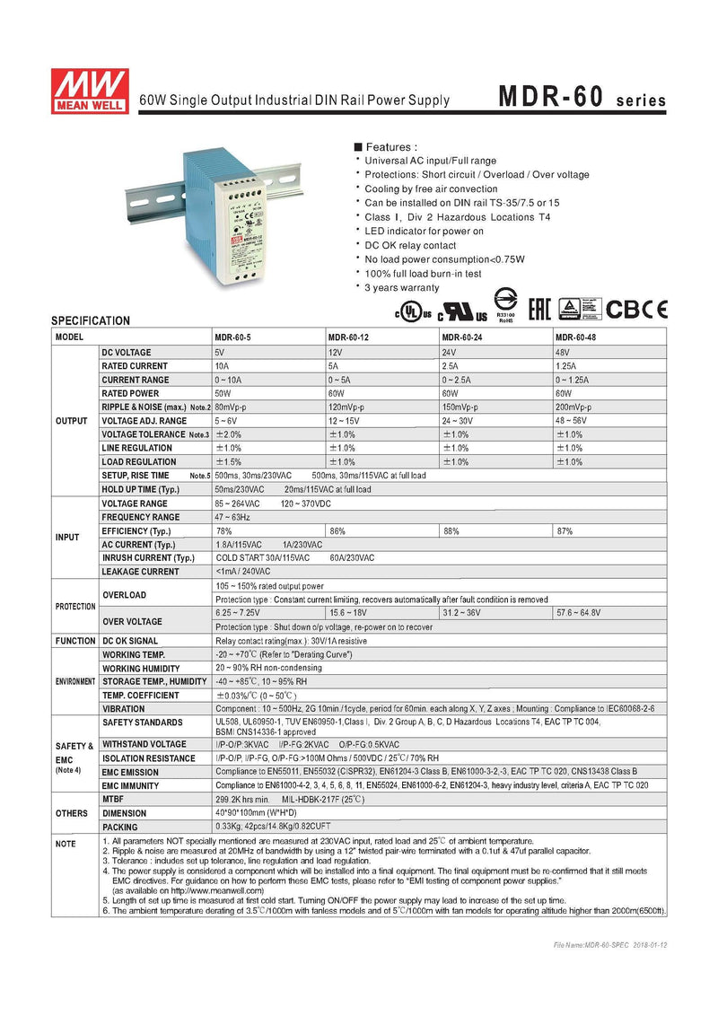 MEAN WELL MDR-60-24 DIN-Rail Power Supply 24V 2.5 Amp 60W Original Version
