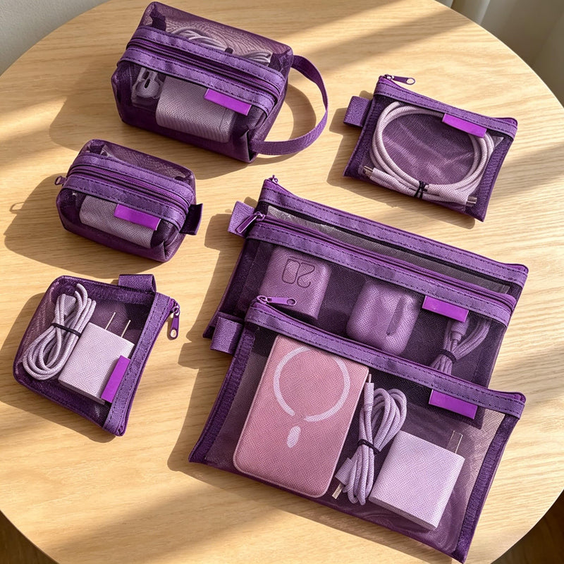 6Pcs Purple Mesh Zipper Pouch Set, Multi-Size Travel Organizer Bags for Electronics, Cosmetics, Cables, Portable See-Through Pouches