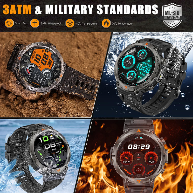Military Smart Watches for Men Built-in GPS LED Flashlight Smartwatch | Rugged Tactical Smart Watch 3ATM Waterproof Compass Calls 530mAh Battery Fitness Tracker with HR/Sleep Monitor iOS Android KE3P Black