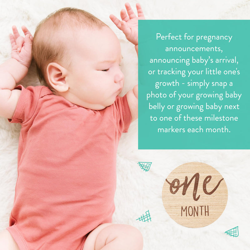 Kate & Milo Baby Monthly Milestone Marker Discs - Classic Cursive Script Wooden Discs with Reversible Photo Props for Baby Announcement and Milestones, Gender-Neutral Gift for Newborn Boy and Girl Circle Milestone Discs
